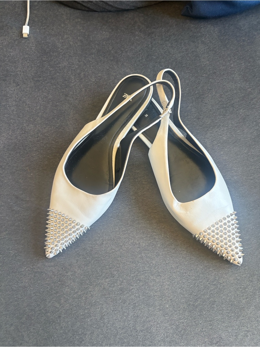White Studded Pointed-Toe Slingback Flats